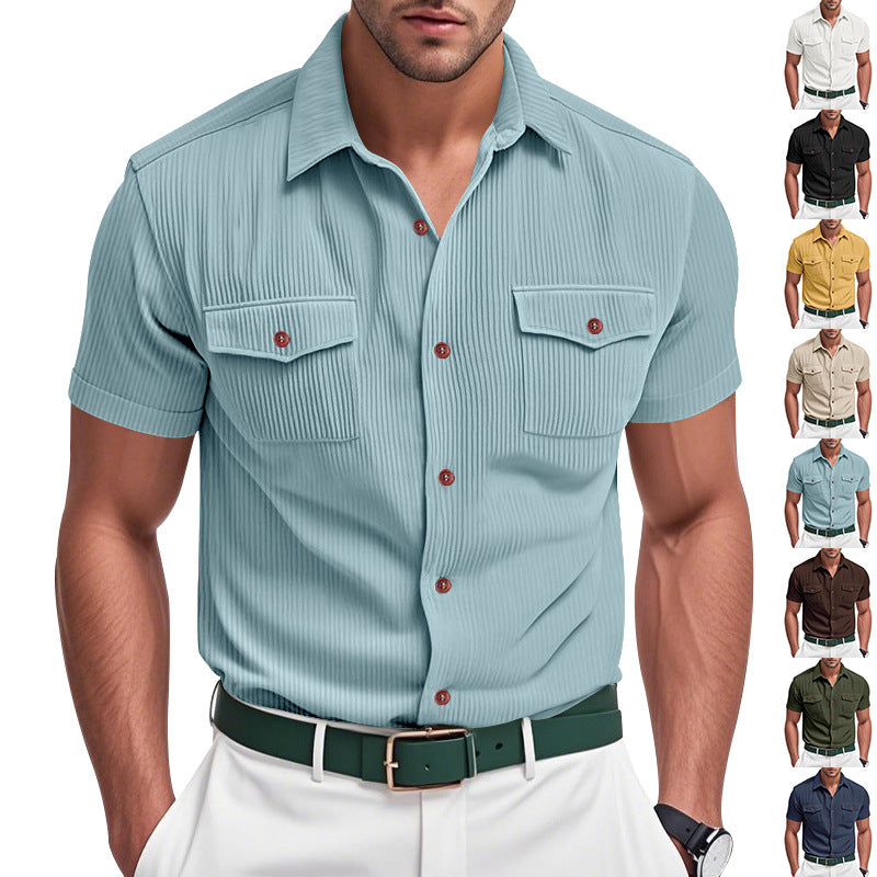 Loose Heavy Lapel Corduroy Workwear Short Sleeve Shirt - T&A enterprises