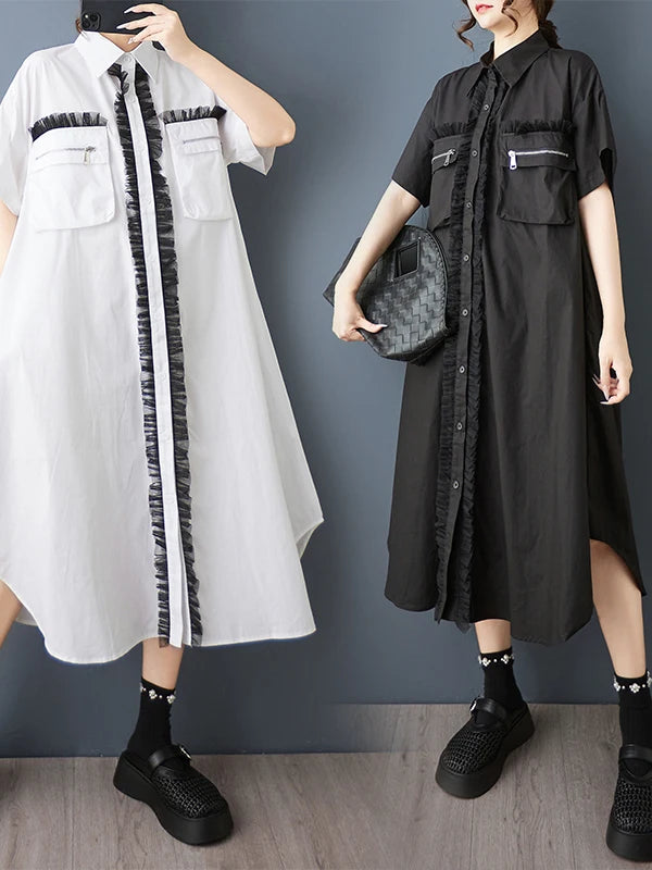 Tannt Women Dress Mesh Patchwork Color Matching Shirts Dresses Irregular Fashion Black White Summer Long Dresses 2025 New - T&A enterprises