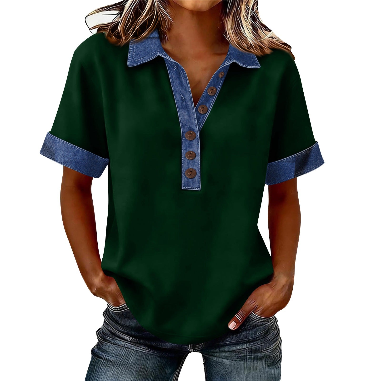 Summer New Denim Patchwork Polo Shirt - T&A enterprises