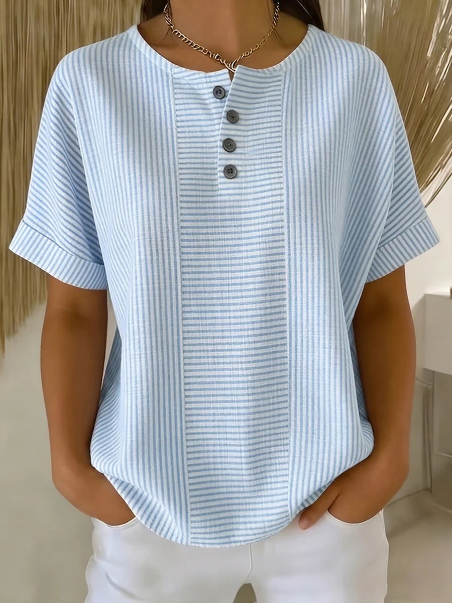 Casual Solid Color V-Neck Buttoned Striped Cotton-Linen T-Shirt - T&A enterprises