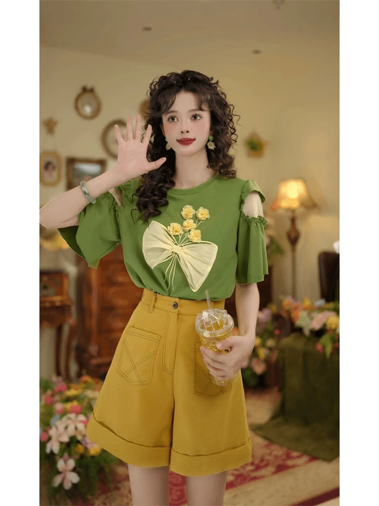 Hong Kong Sle oulder Bared Tee Dimensional Flower Women&