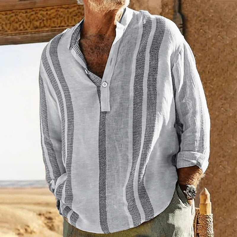 Striped Stand Collar Slub Linen Casual Shirt For Men - T&A enterprises