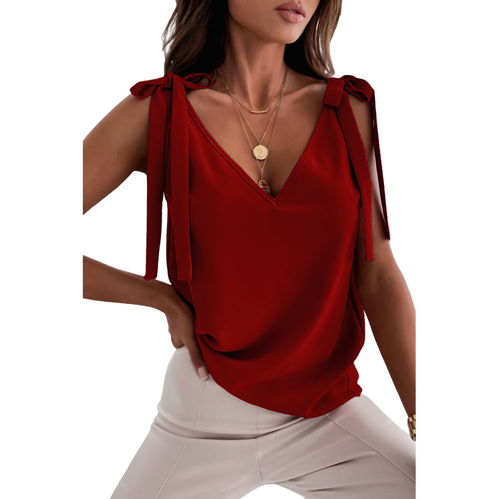 Bowknot Tie Up Camisole V-neck Shirts Women Summer Sleeveless Tank Tops - T&A enterprises