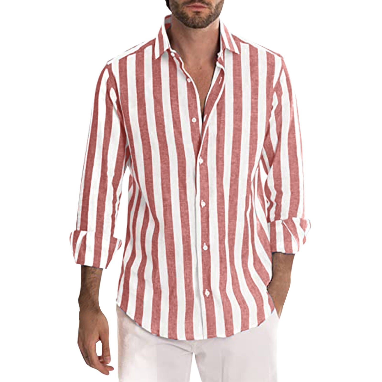 Striped Print Shirt Casual Loose Long-sleeved Shirt Men&