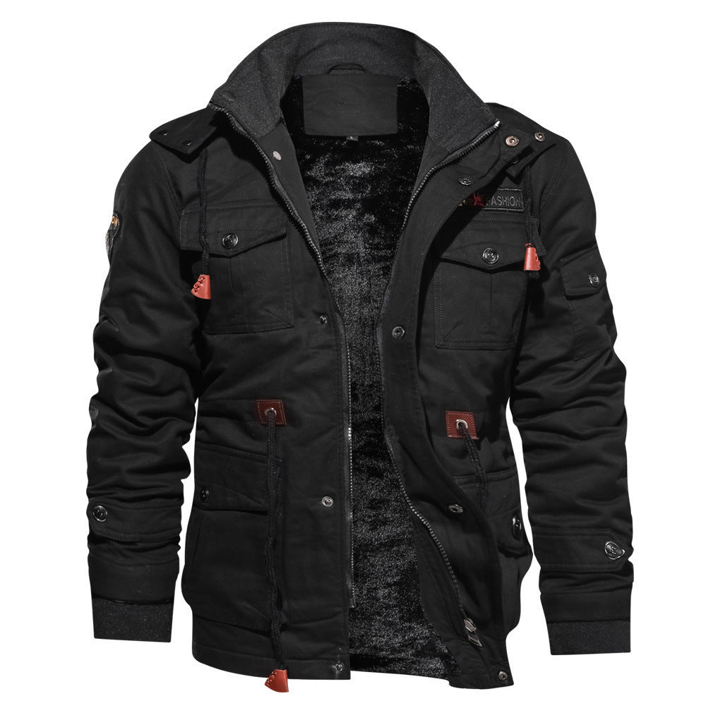 Winter Zip-up Coat Warm Thickened Detachable Hooded Jacket Multi-pocket Button Drawstring Long Sleeve Tops Men&