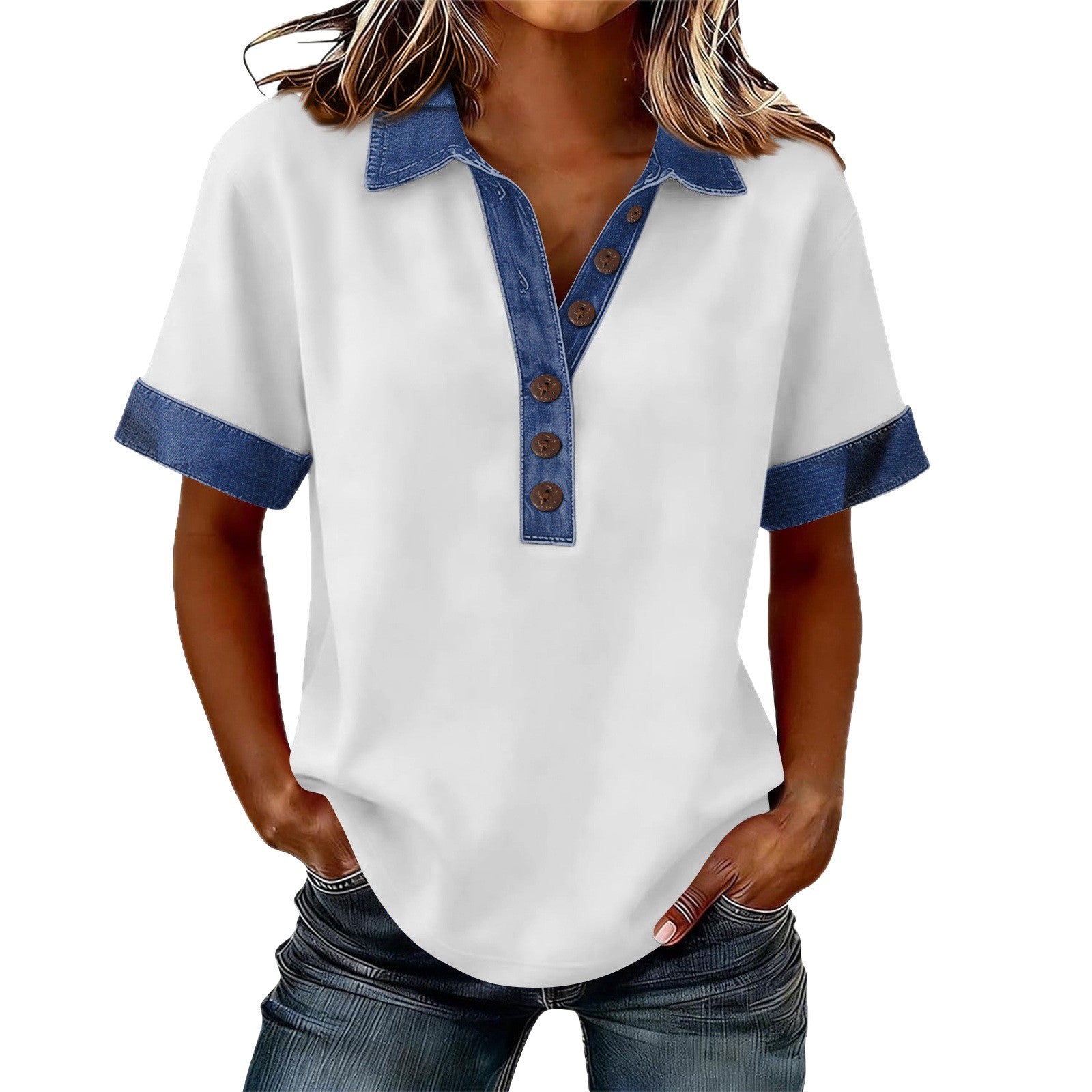 Summer New Denim Patchwork Polo Shirt - T&A enterprises