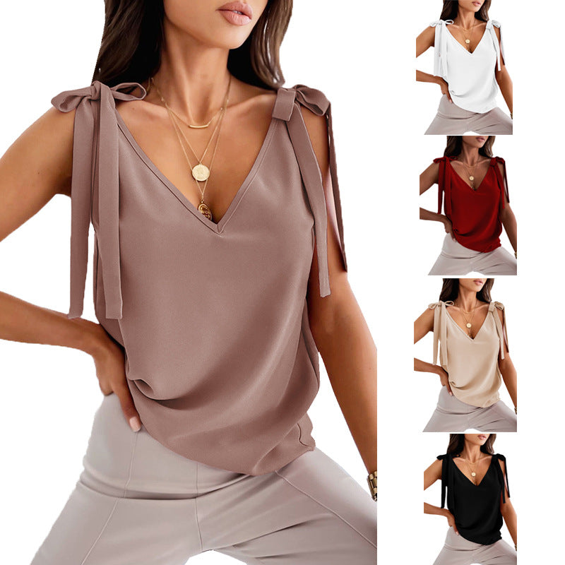 Bowknot Tie Up Camisole V-neck Shirts Women Summer Sleeveless Tank Tops - T&A enterprises