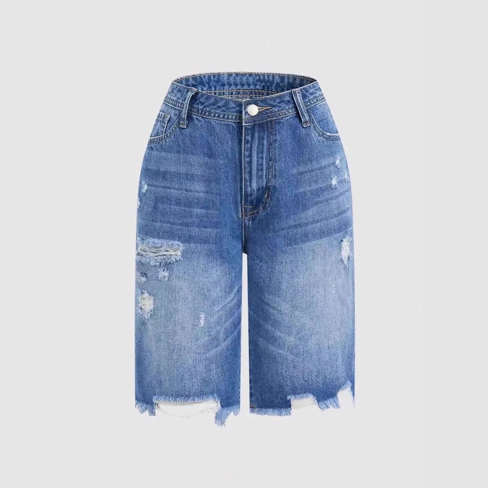 Casual Mid-Length Ripped Denim Shorts - T&A enterprises