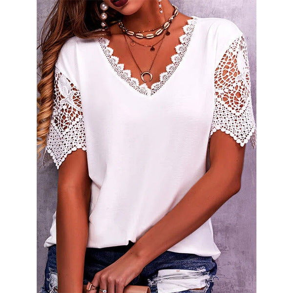 Lace Tops Women Summer Loose V Neck Short Sleeve Casual Shirts - T&A enterprises