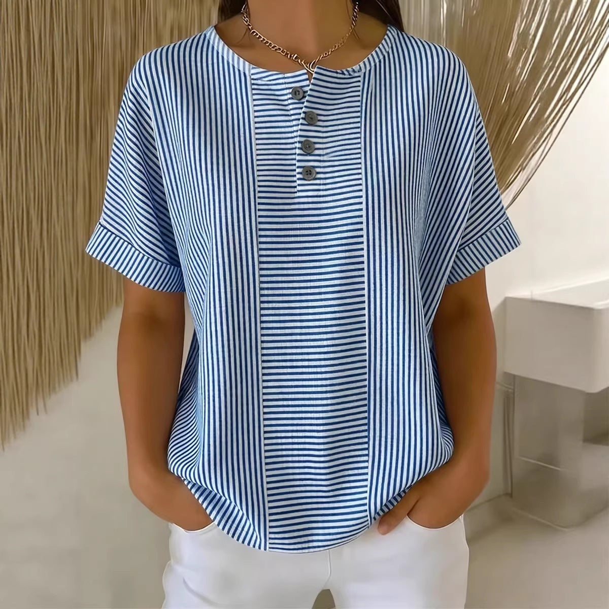 Casual Solid Color V-Neck Buttoned Striped Cotton-Linen T-Shirt - T&A enterprises