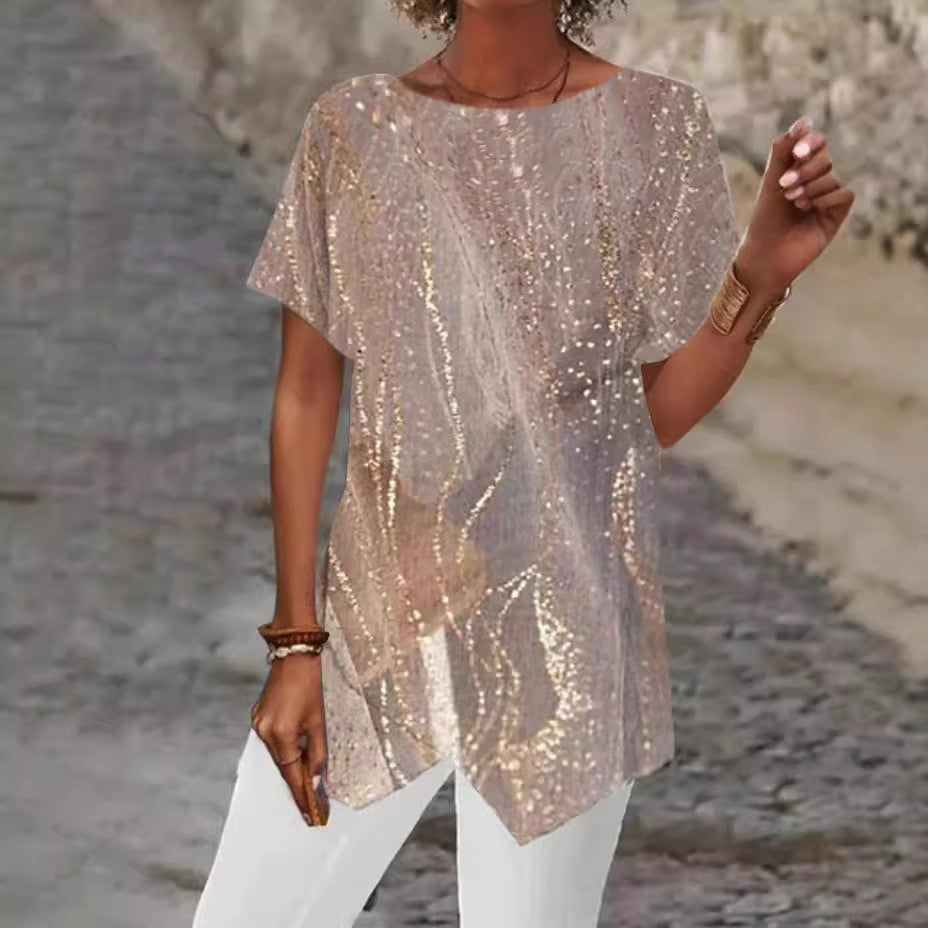 2026 European And American Summer Cross-border New Style Geometric Print Loose Short-sleeved T-shirt With Asymmetrical Hem - T&A enterprises