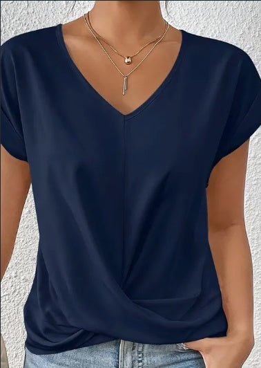 Knot V Neck T-Shirt, Casual Short Sleeve T-Shirt For Spring & Summer, Women&