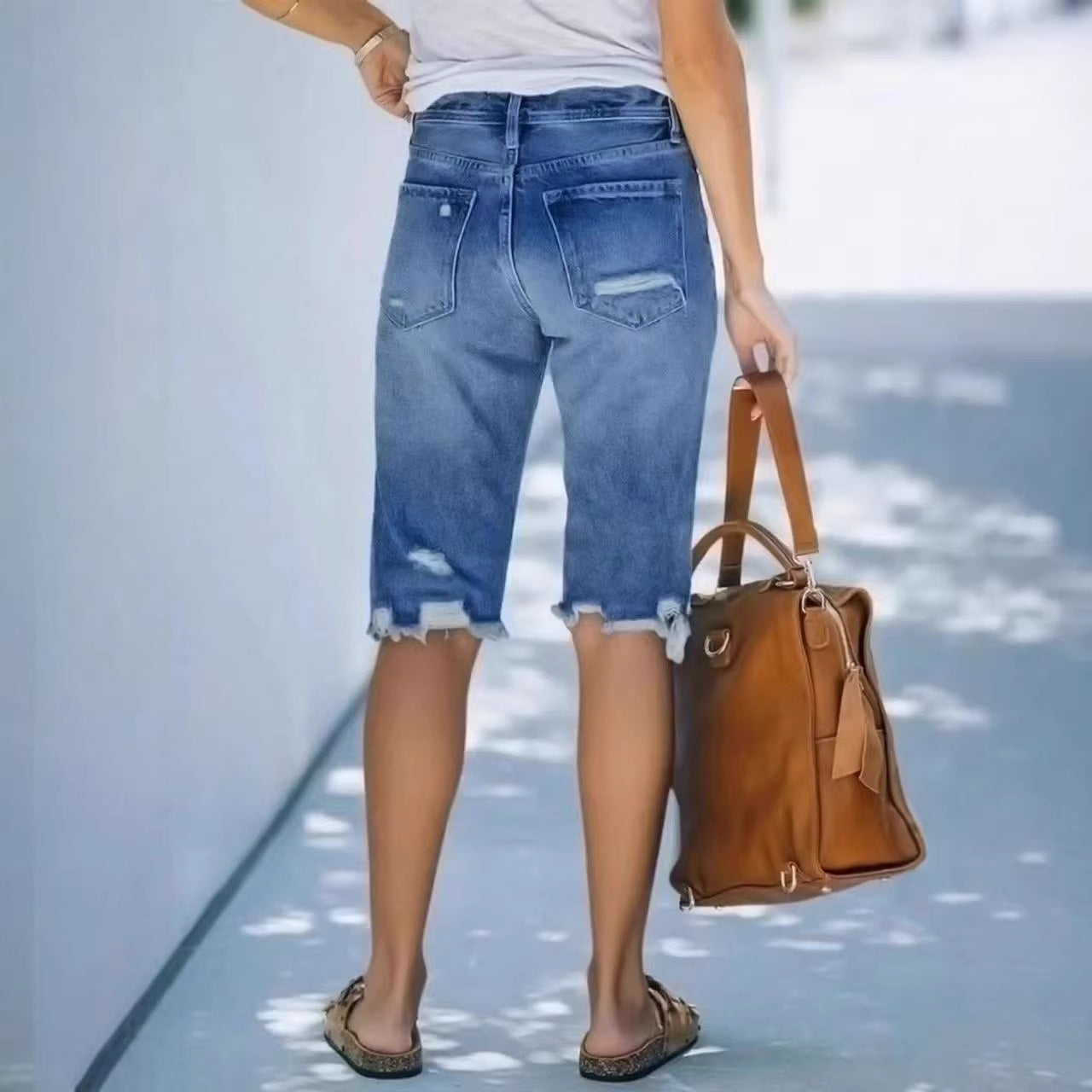 Casual Mid-Length Ripped Denim Shorts - T&A enterprises