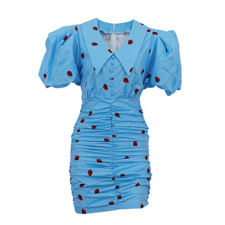 Blue Strawberry Print Ruched Mini Dress - T&A enterprises