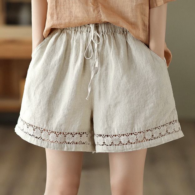Thin Elastic-Waist Lace-up Hollowed-Out Casual Cotton-Linen Straight Pants - T&A enterprises