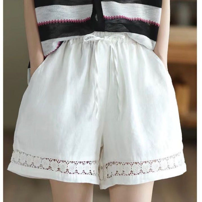 Thin Elastic-Waist Lace-up Hollowed-Out Casual Cotton-Linen Straight Pants - T&A enterprises