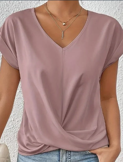Knot V Neck T-Shirt, Casual Short Sleeve T-Shirt For Spring & Summer, Women&