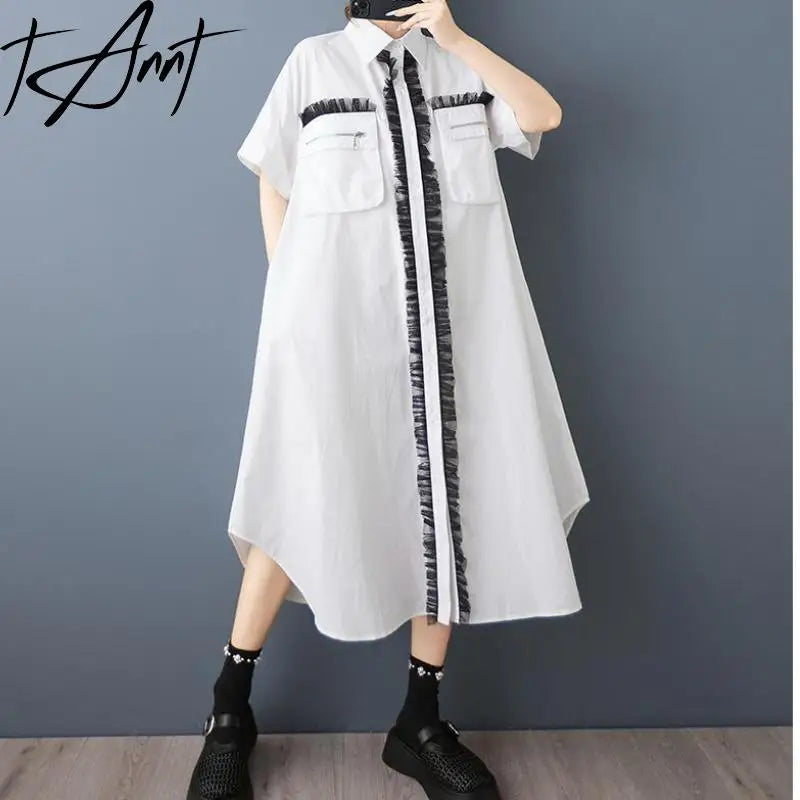 Tannt Women Dress Mesh Patchwork Color Matching Shirts Dresses Irregular Fashion Black White Summer Long Dresses 2025 New - T&A enterprises
