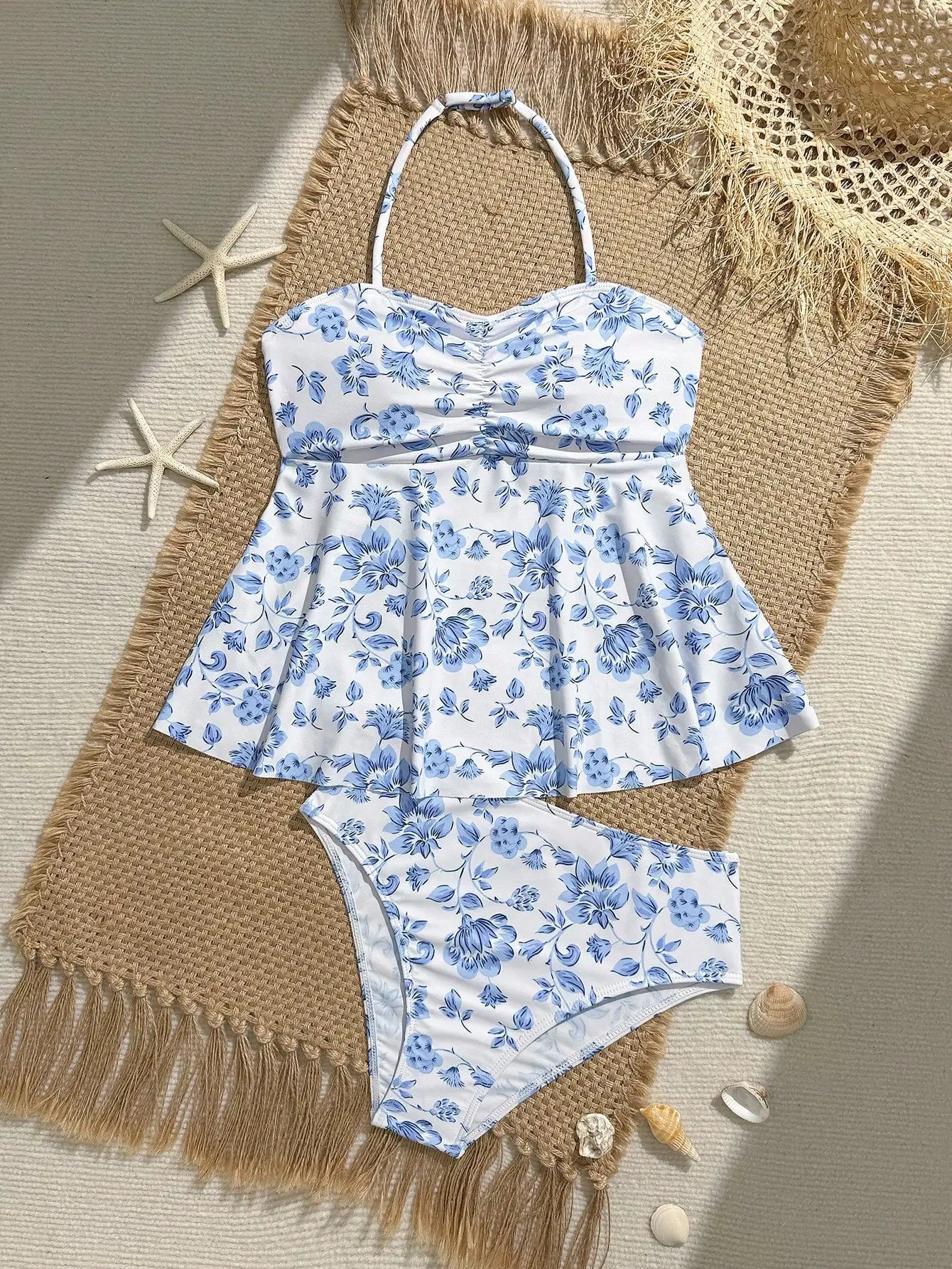 Blue Floral Tankini Set With Halter Neck And Ruffle Hem For Women - T&A enterprises