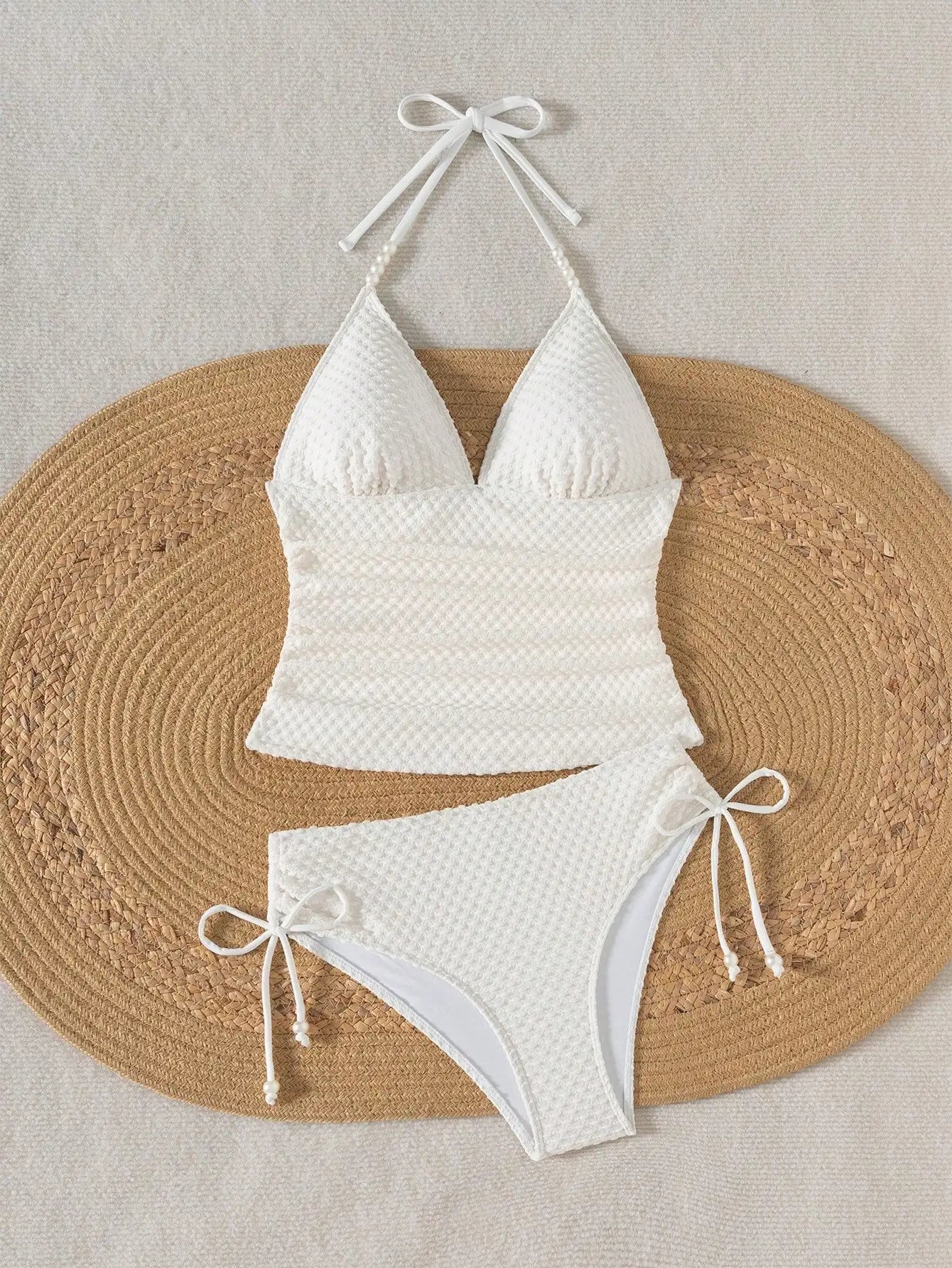 Women White Knitted Jacquard Beaded Drawstring Halter Neck Bikini Set - T&A enterprises