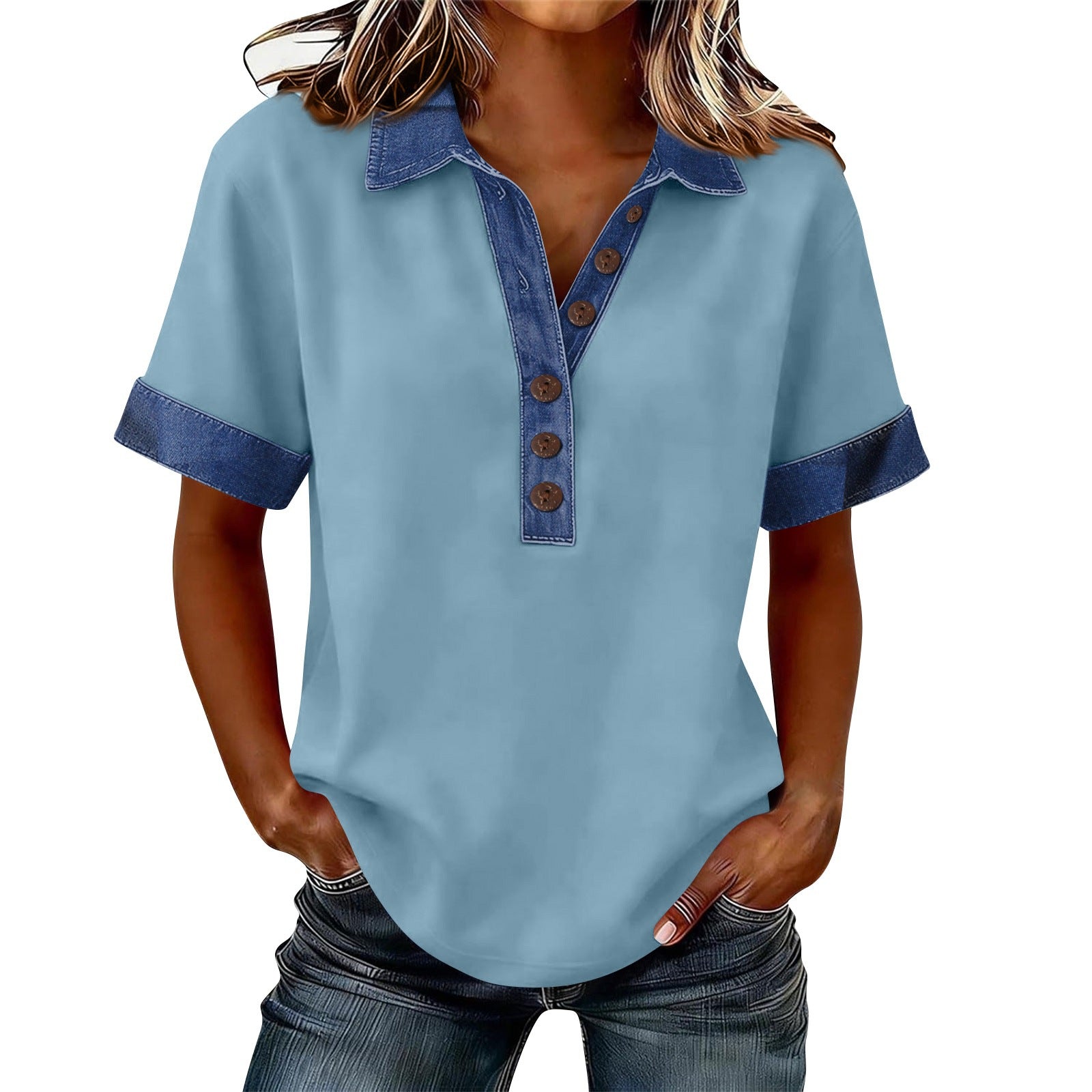 Summer New Denim Patchwork Polo Shirt - T&A enterprises