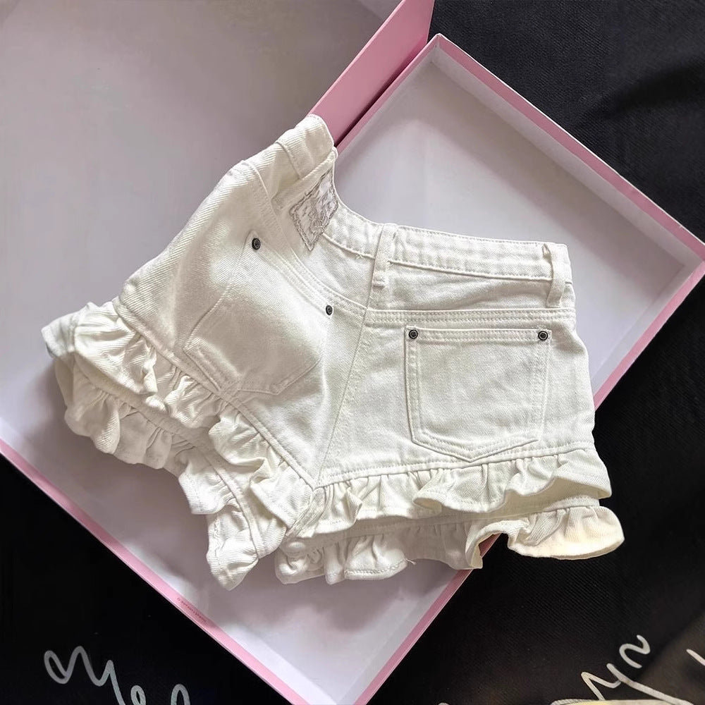 White Ruffled Panel Denim Shorts - T&A enterprises