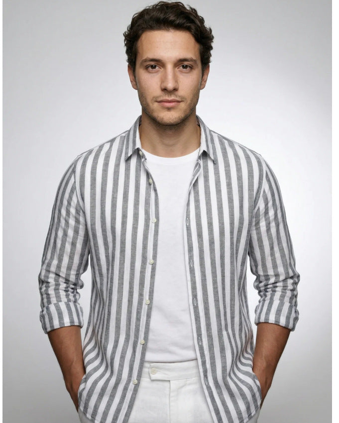 Striped Print Shirt Casual Loose Long-sleeved Shirt Men&