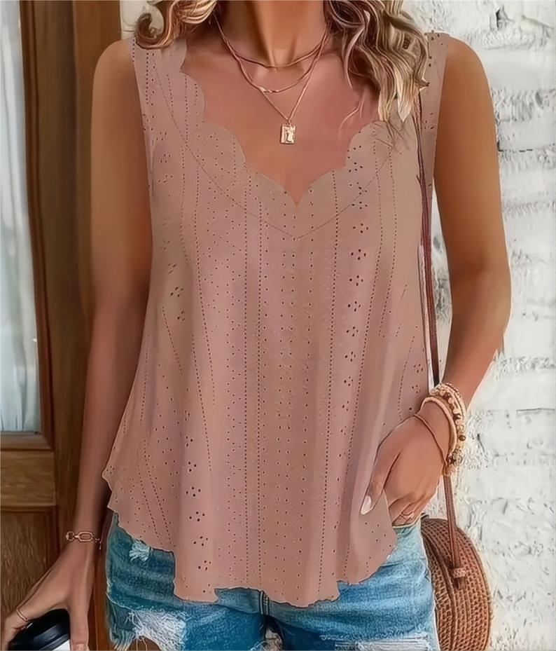 2026 Cross-border Spring And Summer New Style Independent Station Amazon Fashion Summer Plus Size Leisure Solid Color Scallop Edge V-Neck - T&A enterprises