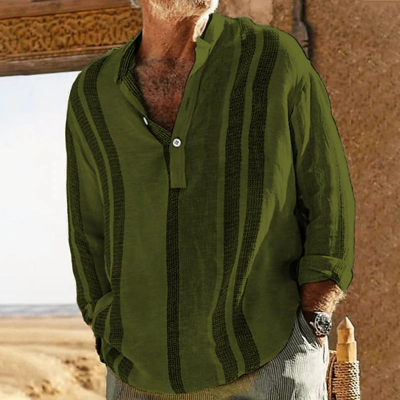 Striped Stand Collar Slub Linen Casual Shirt For Men - T&A enterprises