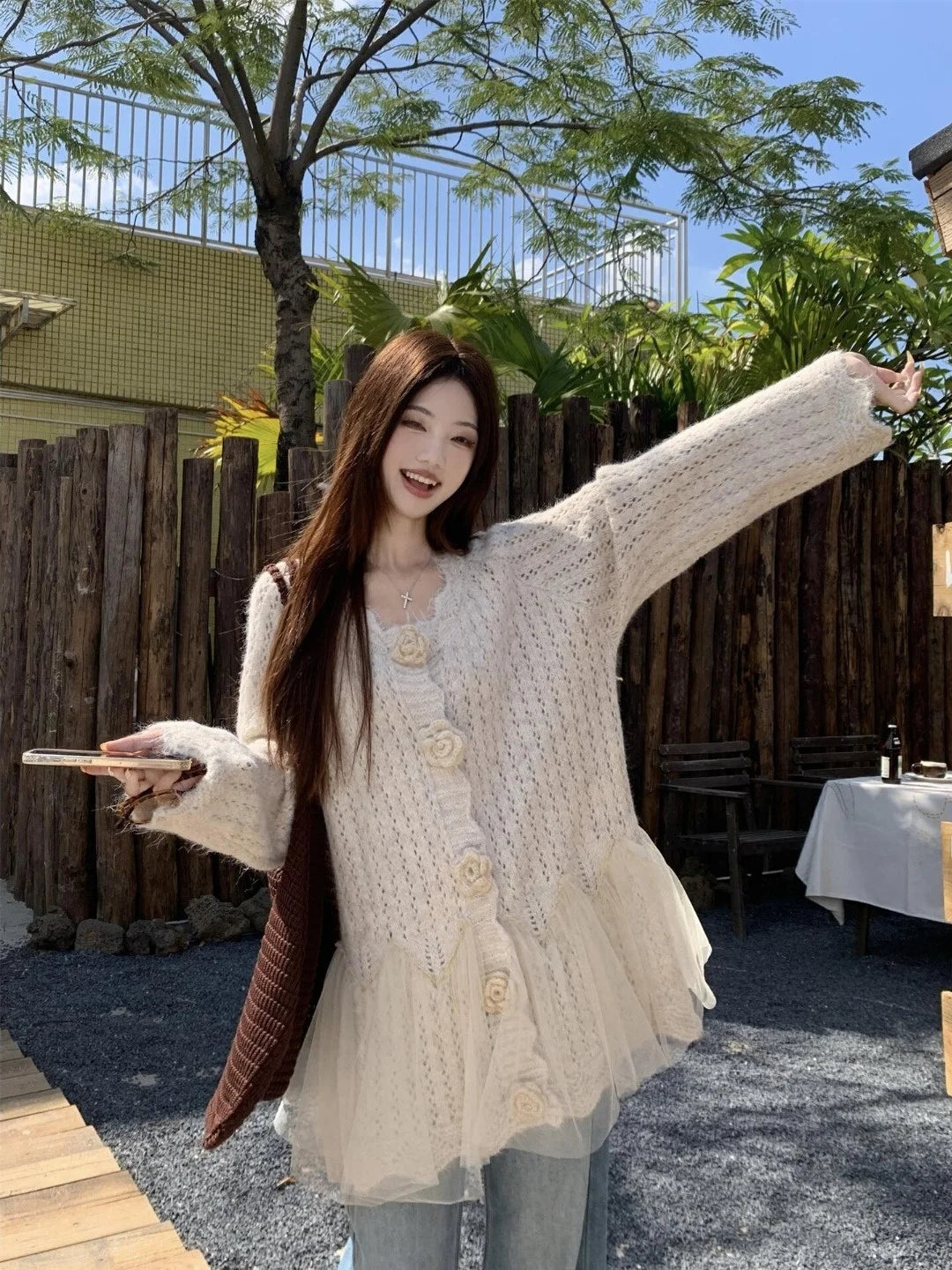 3D Floral Mesh Splicing Knitted Sweater Coat Women&