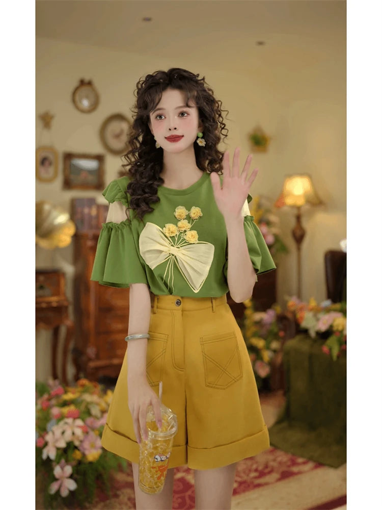 Hong Kong Sle oulder Bared Tee Dimensional Flower Women&