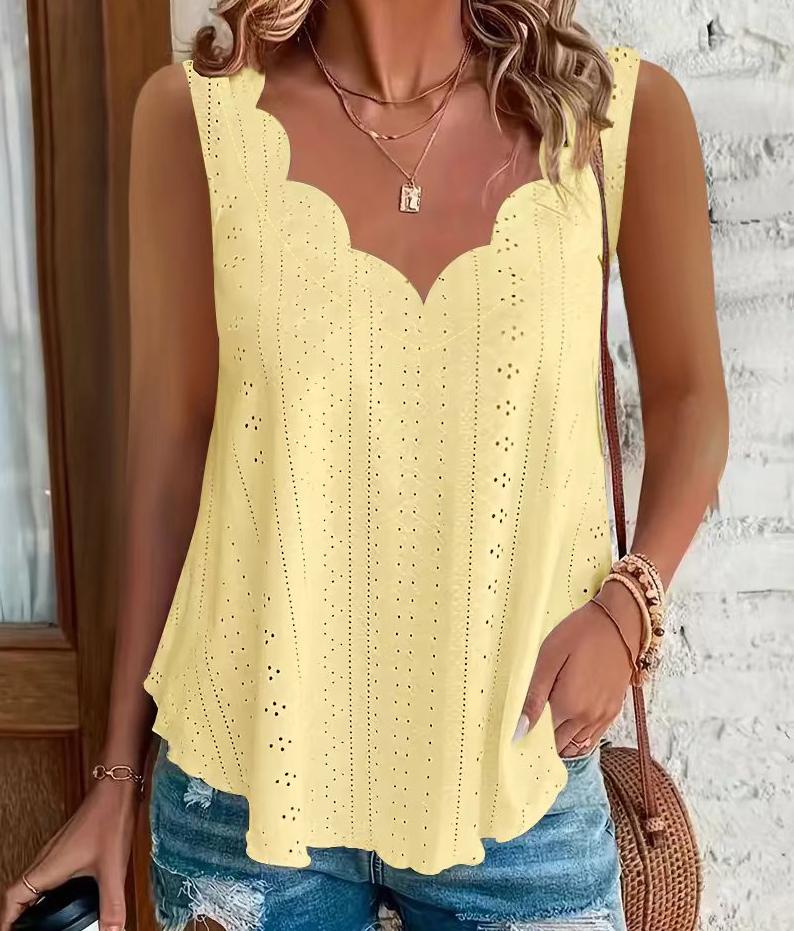 2026 Cross-border Spring And Summer New Style Independent Station Amazon Fashion Summer Plus Size Leisure Solid Color Scallop Edge V-Neck - T&A enterprises