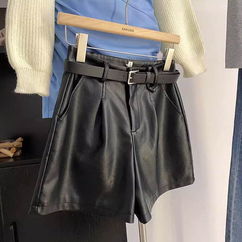 Black PU Leather Shorts A-line Wide-leg Pants - T&amp;A enterprises