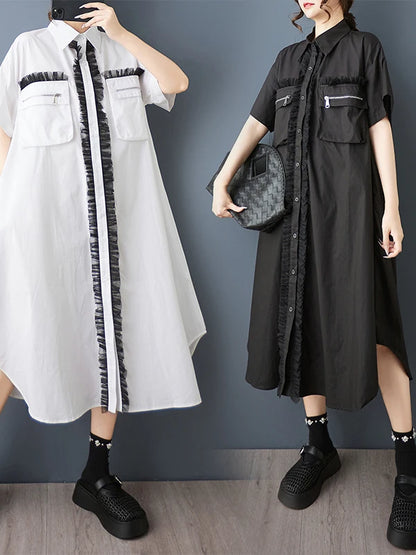 Tannt Women Dress Mesh Patchwork Color Matching Shirts Dresses Irregular Fashion Black White Summer Long Dresses 2025 New - T&amp;A enterprises
