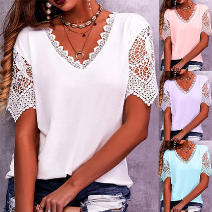 Lace Tops Women Summer Loose V Neck Short Sleeve Casual Shirts - T&amp;A enterprises