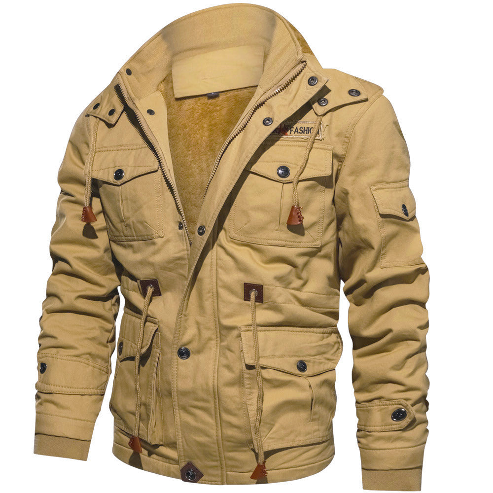 Winter Zip-up Coat Warm Thickened Detachable Hooded Jacket Multi-pocket  Button Drawstring Long Sleeve Tops Men&