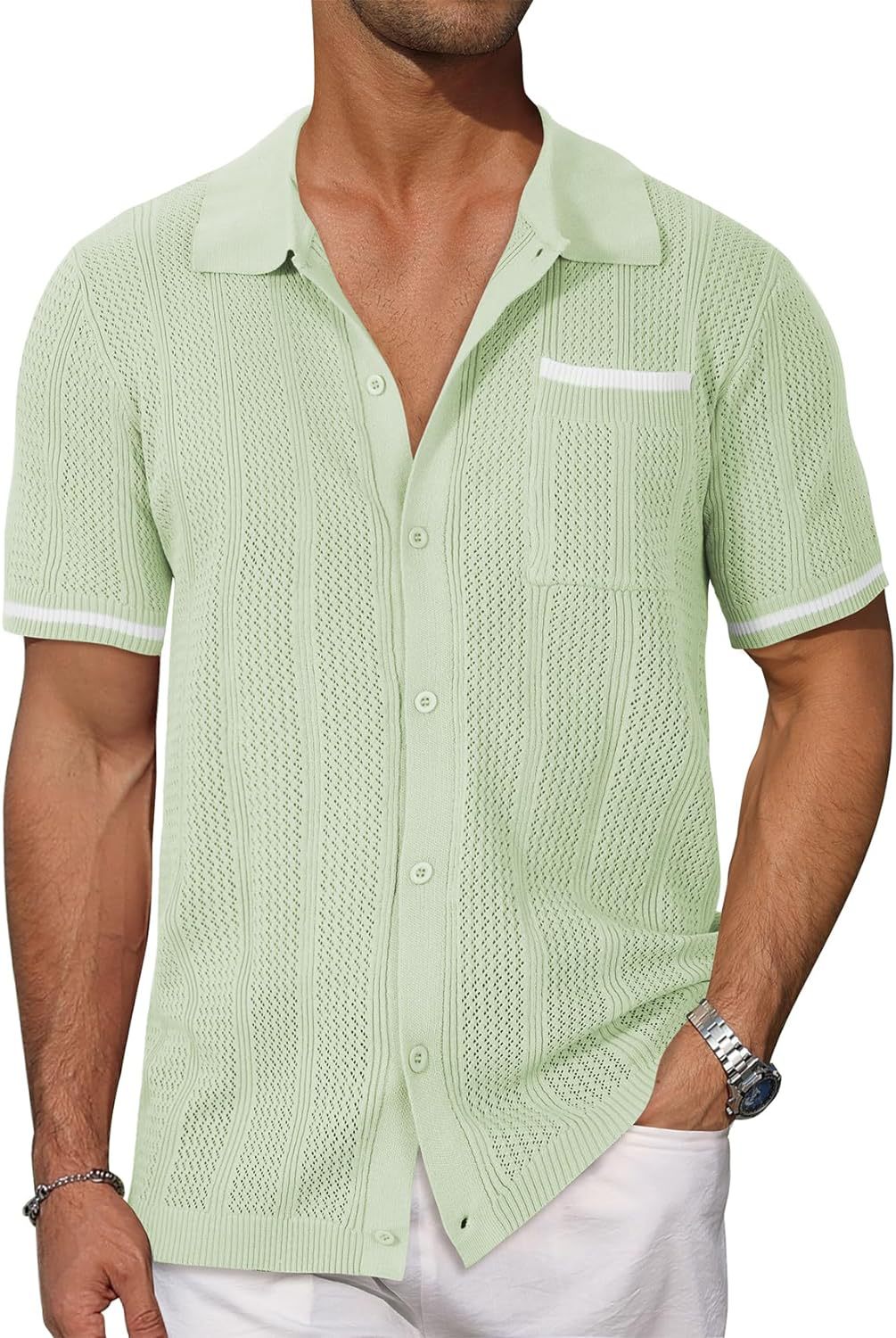 Short-sleeved Shirt Pocket Hollow Breathable Cool Summer Men&