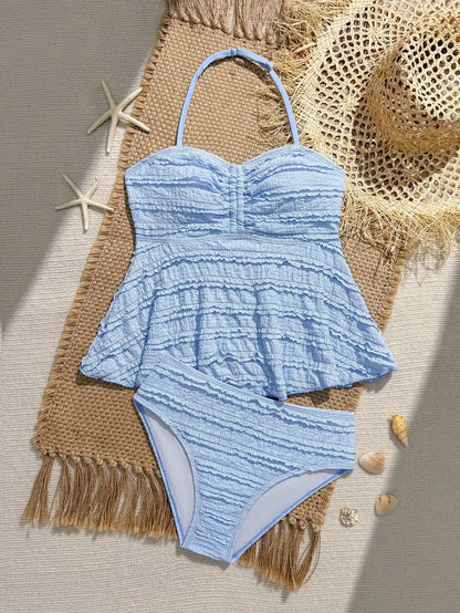 Blue Floral Tankini Set With Halter Neck And Ruffle Hem For Women - T&amp;A enterprises