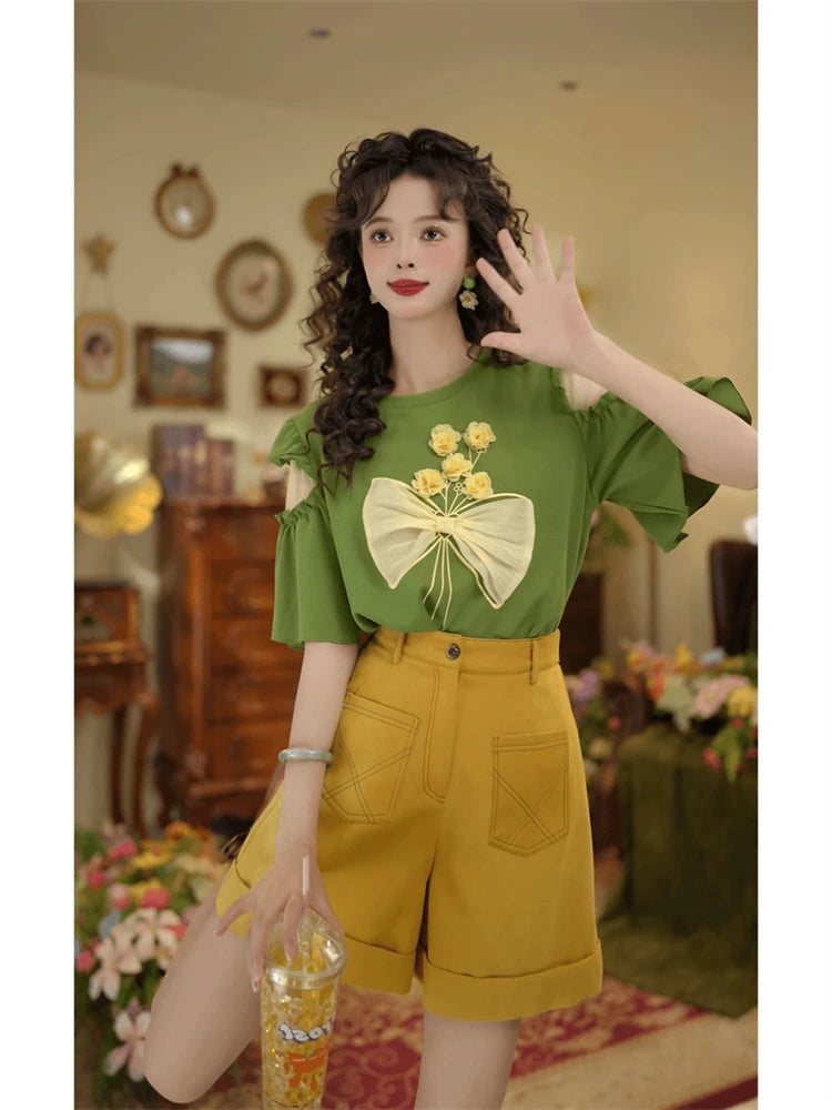 Hong Kong Sle oulder Bared Tee Dimensional Flower Women&