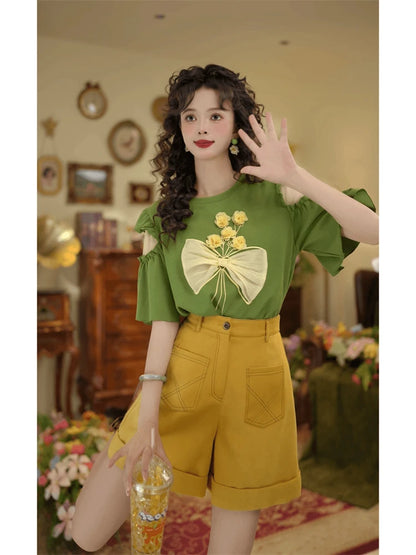 Hong Kong Sle oulder Bared Tee Dimensional Flower Women&