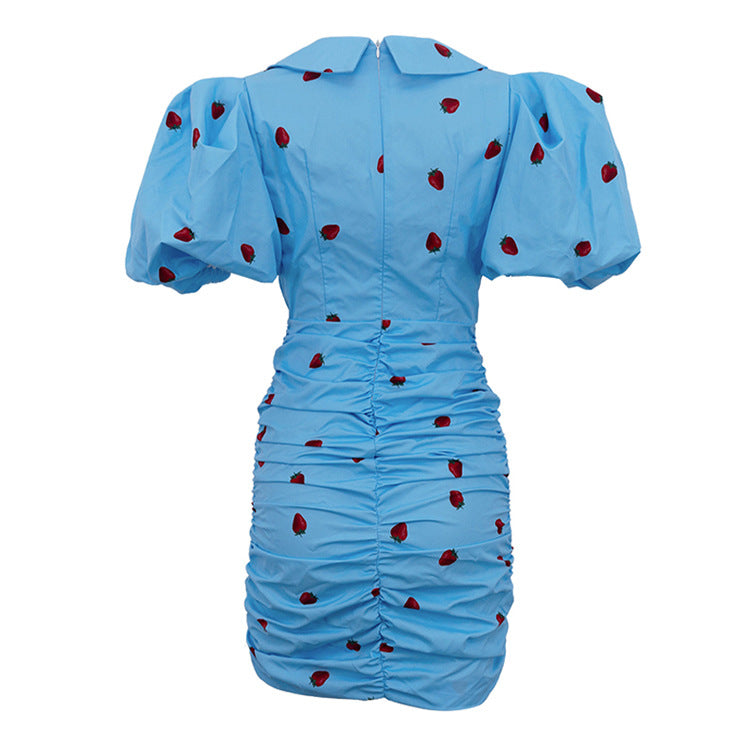 Blue Strawberry Print Ruched Mini Dress - T&amp;A enterprises