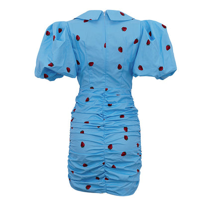 Blue Strawberry Print Ruched Mini Dress - T&amp;A enterprises