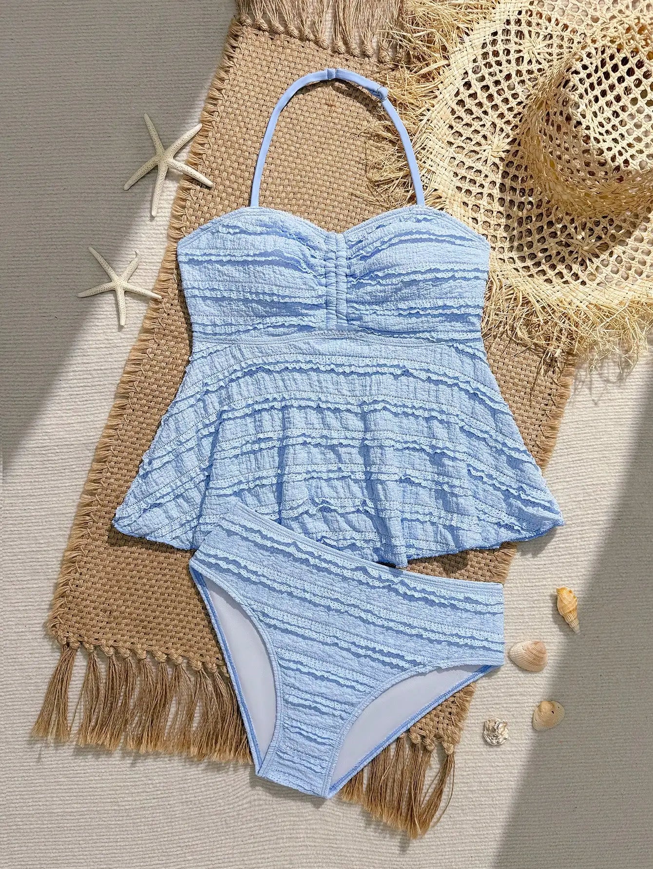 Blue Floral Tankini Set With Halter Neck And Ruffle Hem For Women - T&amp;A enterprises