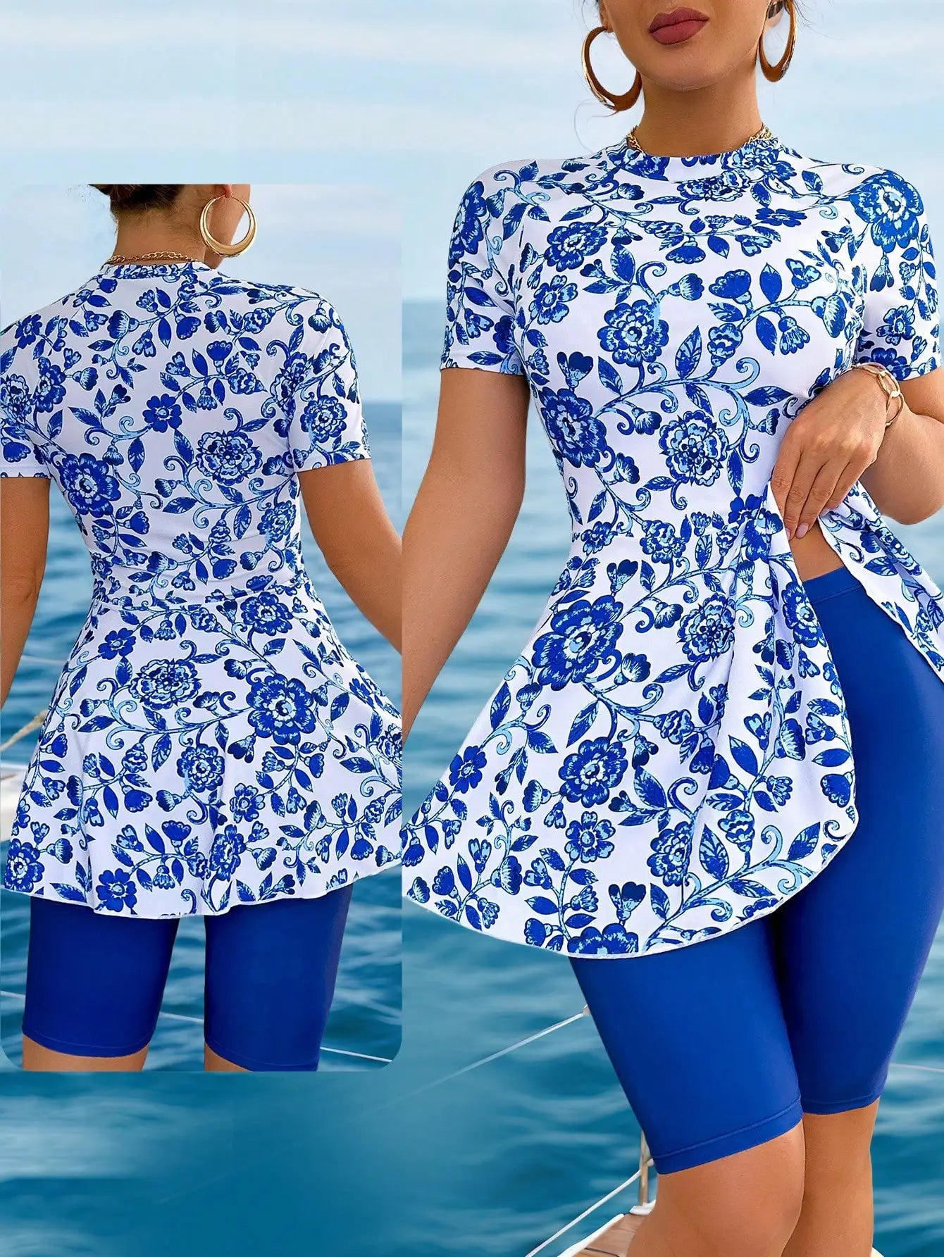 Elegant Blue And White Chinoiserie Print Peplum Jacket With Wide Leg Pants Two Piece Set For Beach Summer Holiday - T&amp;A enterprises