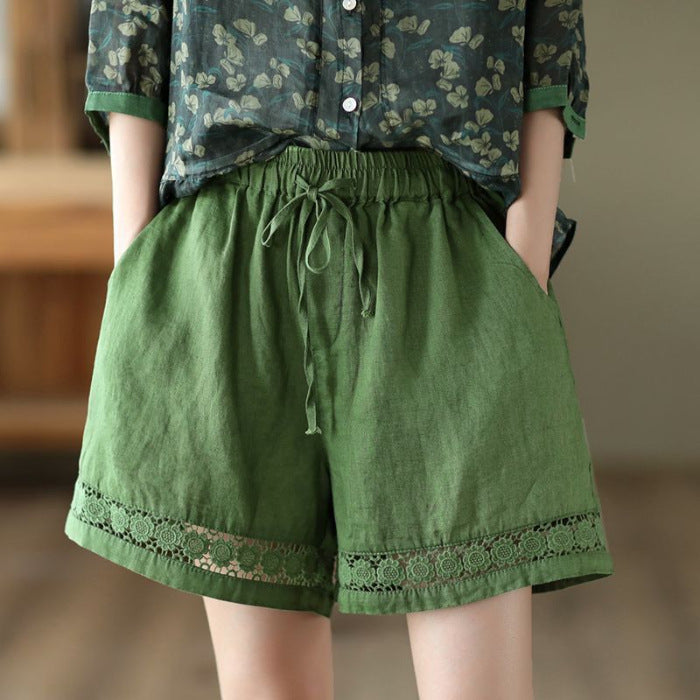 Thin Elastic-Waist Lace-up Hollowed-Out Casual Cotton-Linen Straight Pants - T&amp;A enterprises