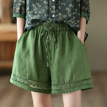 Thin Elastic-Waist Lace-up Hollowed-Out Casual Cotton-Linen Straight Pants - T&amp;A enterprises