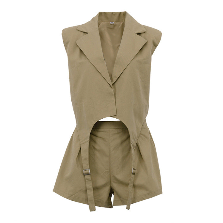 Khaki Oversized Sleeveless Blazer &amp; Shorts Co-ord Set - T&amp;A enterprises