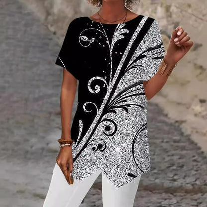 2026 European And American Summer Cross-border New Style Geometric Print Loose Short-sleeved T-shirt With Asymmetrical Hem - T&amp;A enterprises