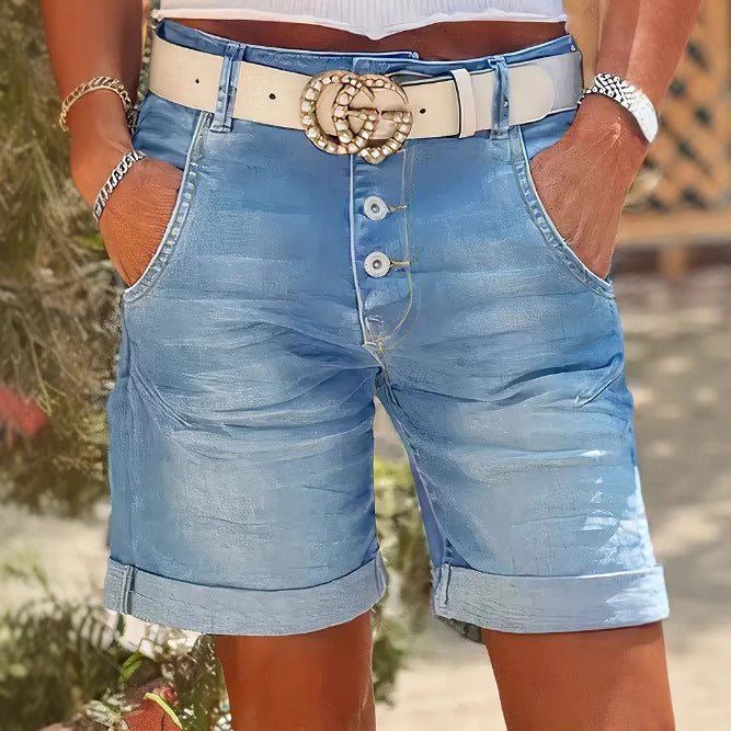 Womens High-Waist Denim Cropped Pants With Elastic Waist And Rolled Hem - T&amp;A enterprises