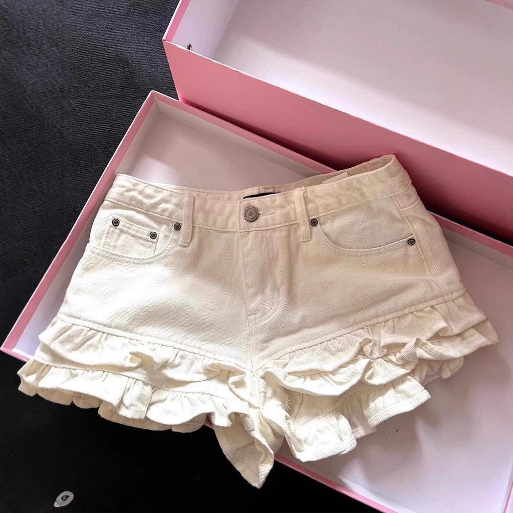 White Ruffled Panel Denim Shorts - T&amp;A enterprises